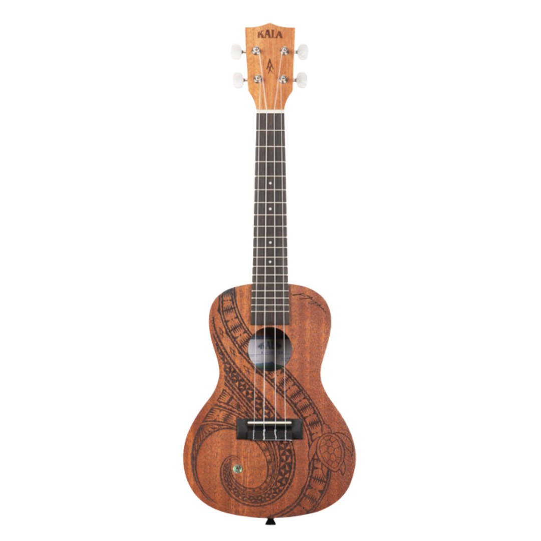 Kala Guidance Mahogany Concert Ukulele KA-GUIDANCE-C with Māori-inspired laser-etched artwork and warm mahogany tone.