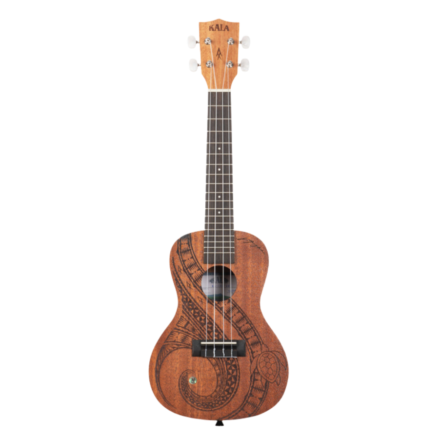 Kala Guidance Mahogany Concert Ukulele KA-GUIDANCE-C with Māori-inspired laser-etched artwork and warm mahogany tone.