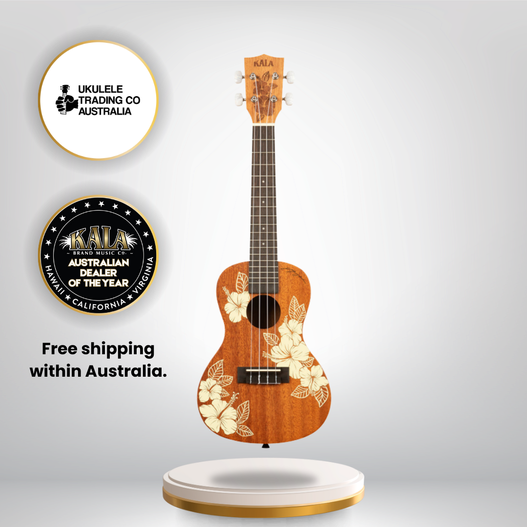 Kala Hibiscus Mahogany Concert Ukulele with white hibiscus laser-etched design