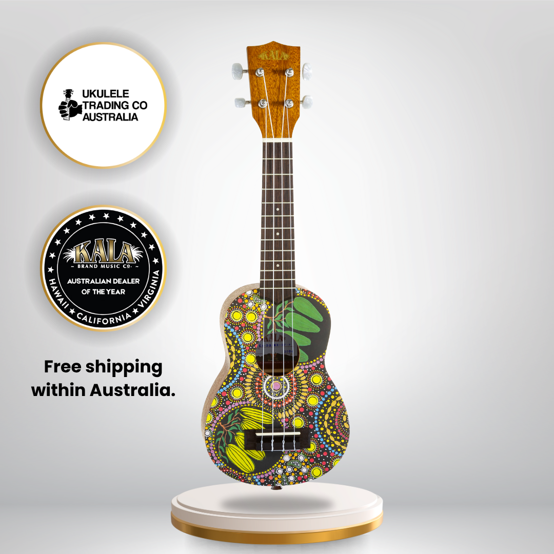 “Kala Desert StoryLines Bushfoods Soprano Ukulele featuring Aboriginal artwork by Margaret Bloomfield.”