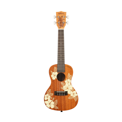 Kala KA-HIBISCUS-C Hibiscus Mahogany Concert Ukulele featuring a tropical hibiscus design, producing a warm and balanced sound.