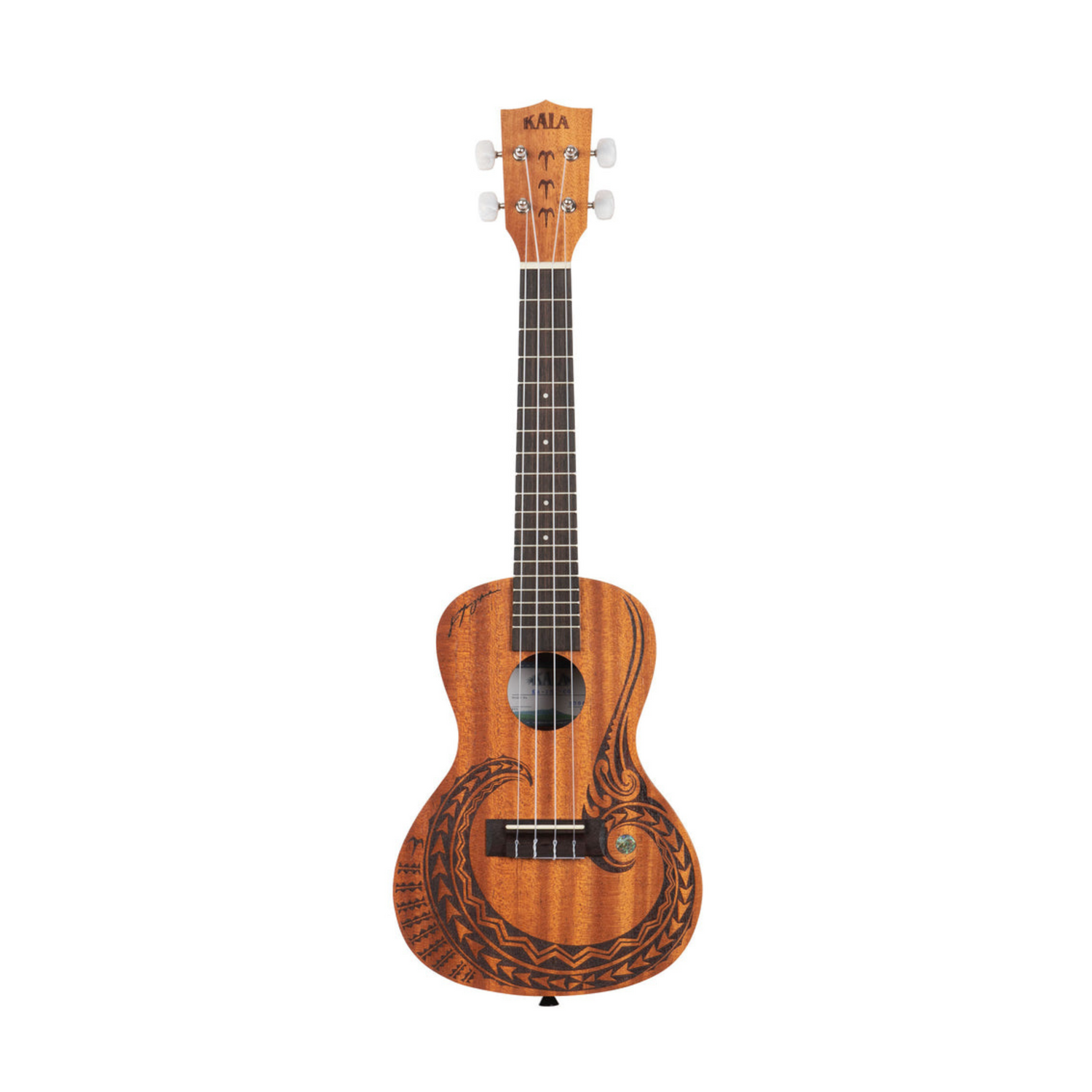 Kala KA-COURAGE-C Courage Mahogany Concert Ukulele, featuring intricate laser-etched artwork symbolizing strength and resilience.