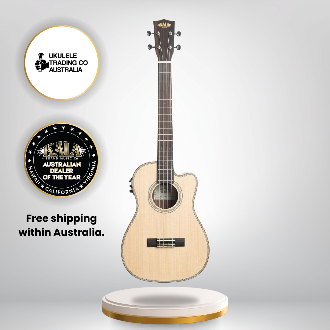 Kala baritone ukulele with spruce top and striped ebony back and sides