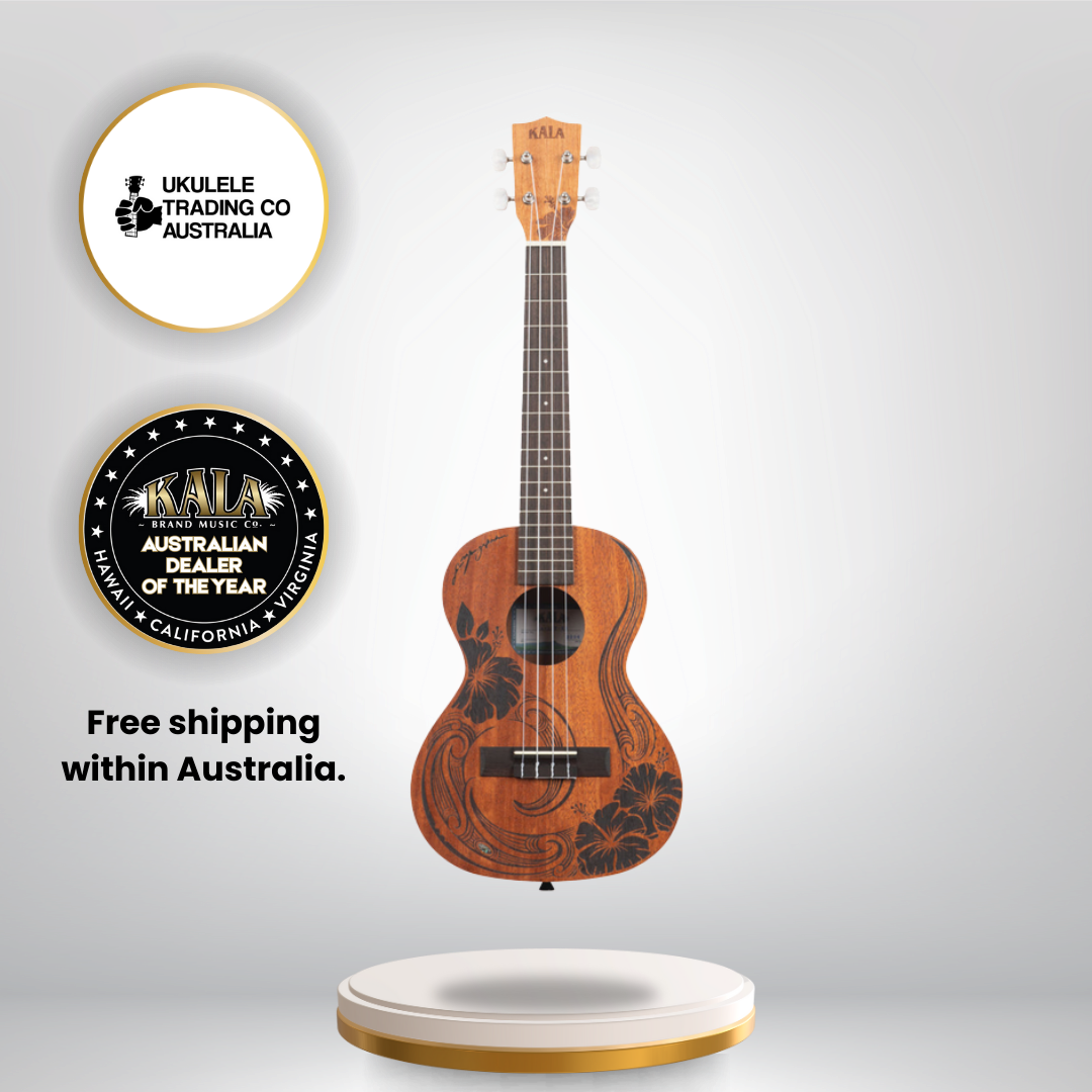 Alt text: Kala KA-UNITY-T Unity Mahogany Tenor Ukulele with Māori artwork and gig bag