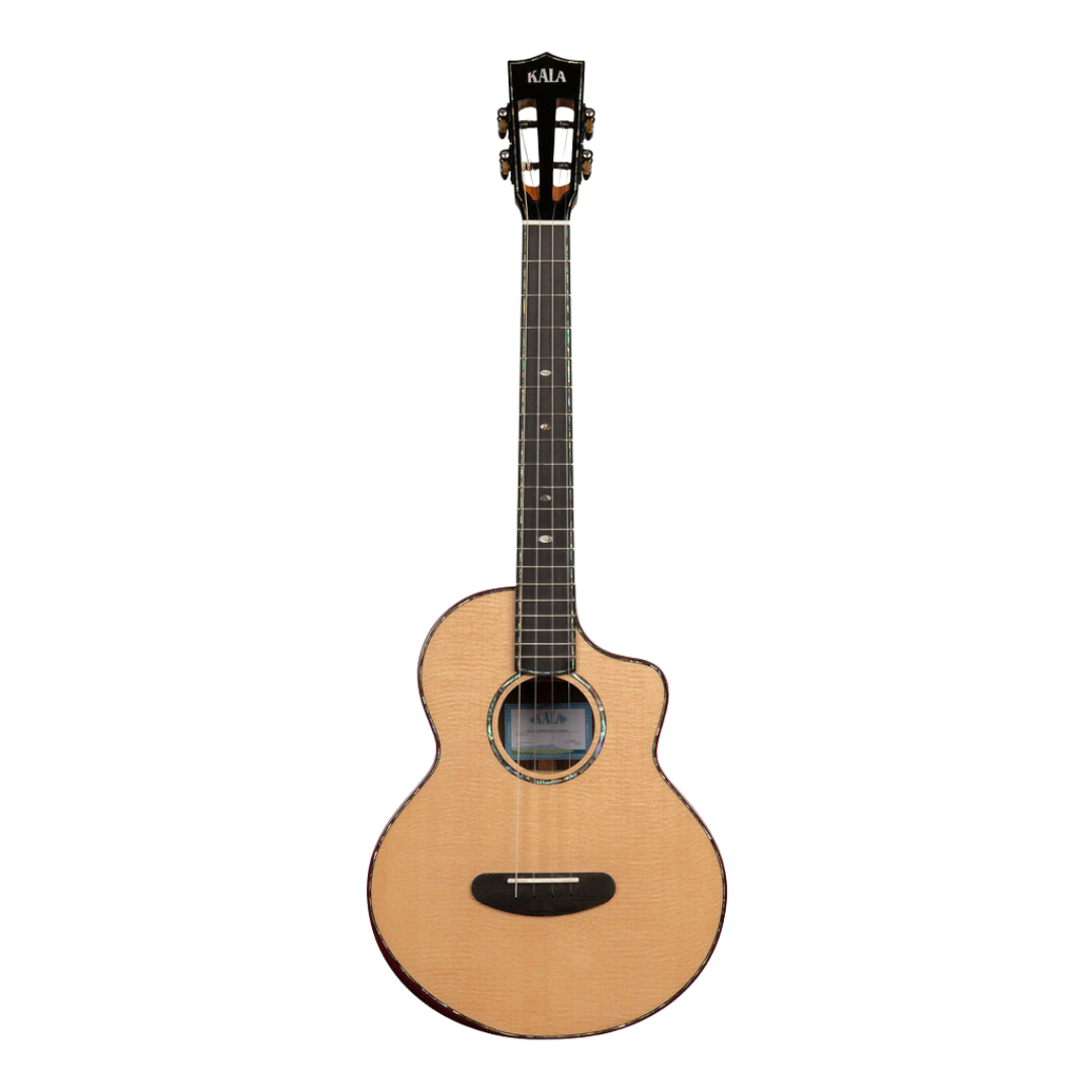 Kala Contour Deluxe Baritone Ukulele with solid Spruce top, Rosewood body, cutaway design, and gig bag.