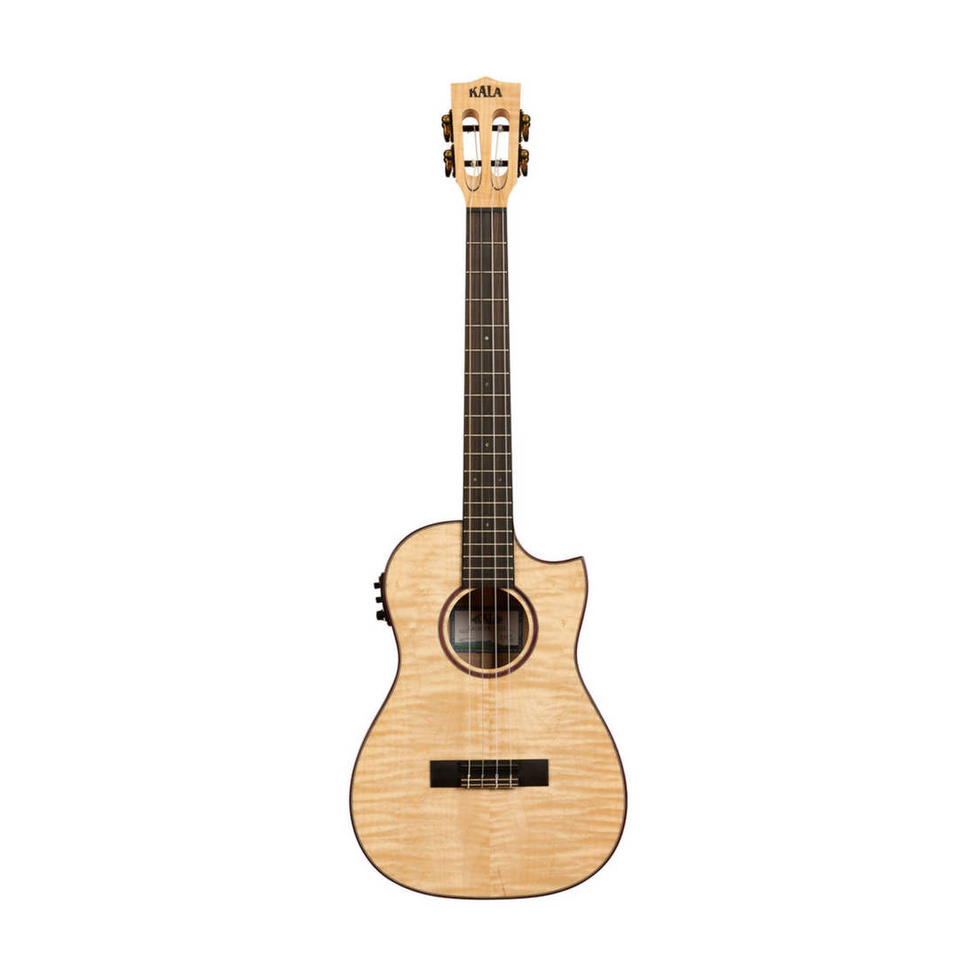 Kala KA-ASFM-B-CE All Solid Flame Maple Cutaway Baritone Ukulele with EQ and bag, offering dynamic sound and sleek design for ultimate performance.