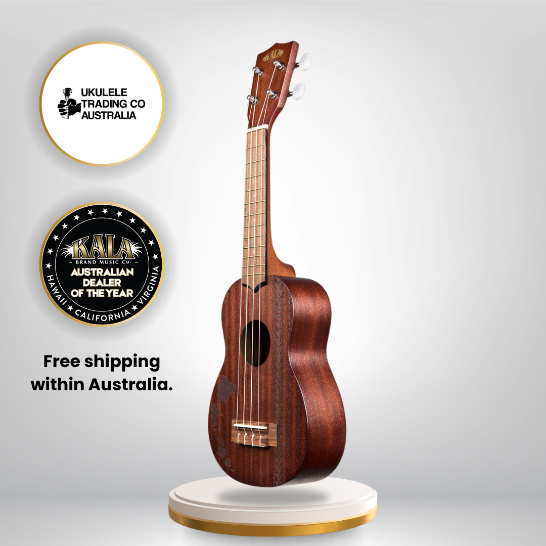 Kala KA-15S-H2 Soprano Ukulele with Hawaiian design, mahogany body, gig bag, and Aquila ukulele strings.