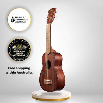 Kala KA-15S-H2 Soprano Ukulele with Hawaiian design, mahogany body, gig bag, and Aquila ukulele strings.