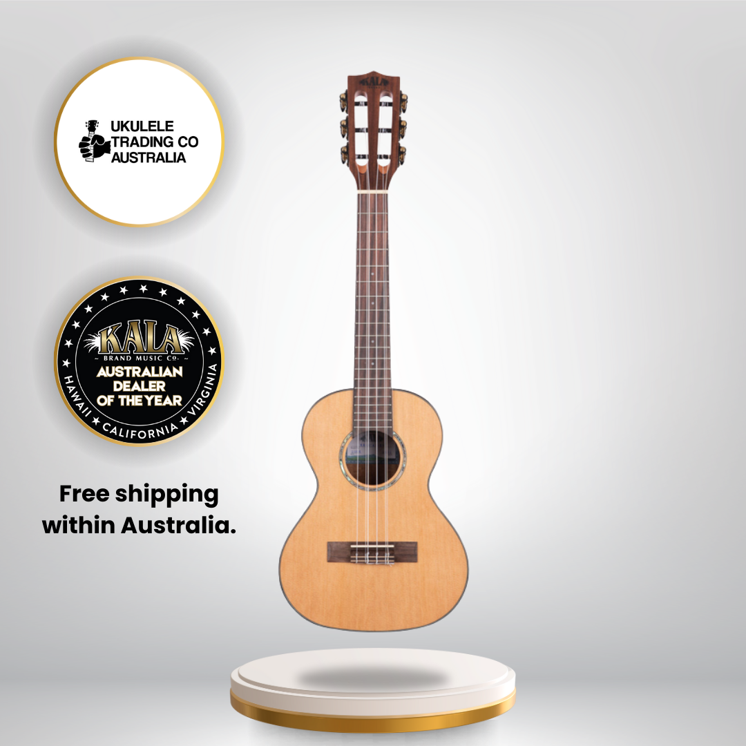 Kala Gloss Solid Cedar Top Acacia 6-String Tenor Ukulele KA-SCAC-T6 with high-gloss finish and warm, resonant tone.