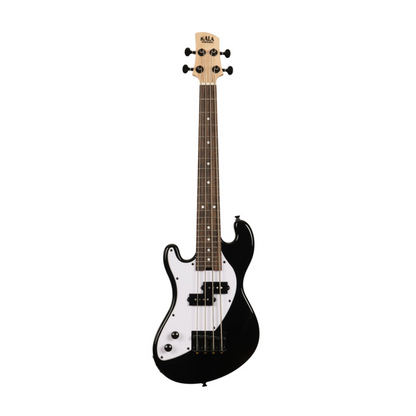 Kala UBASS-SB-BK-FS-L Solid Body 4-String Jet Black Fretted U•BASS® Left-Handed, with a sleek black finish, perfect for deep, resonant bass tones in a left-handed configuration.