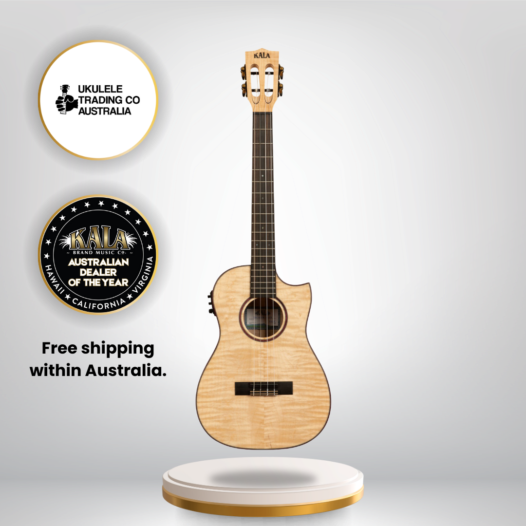 All Solid Flame Maple Cutaway Baritone Ukulele Kala KA-ASFM-B-CE with EQ and Gig Bag – Professional Kala Baritone Ukulele Australia