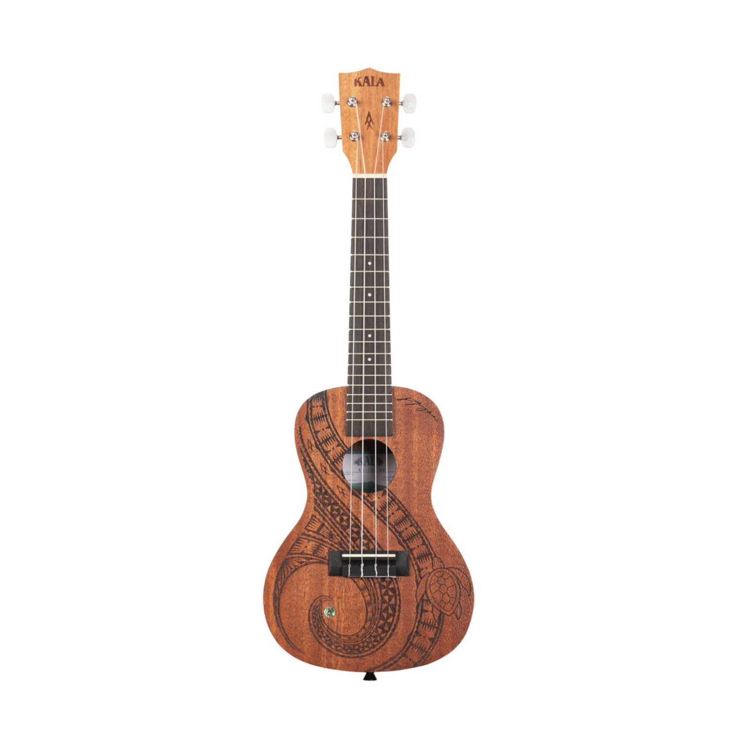 Kala KA-GUIDANCE-C Mahogany Concert Ukulele with laser-etched sea turtle design, offering rich tones and a meaningful connection.