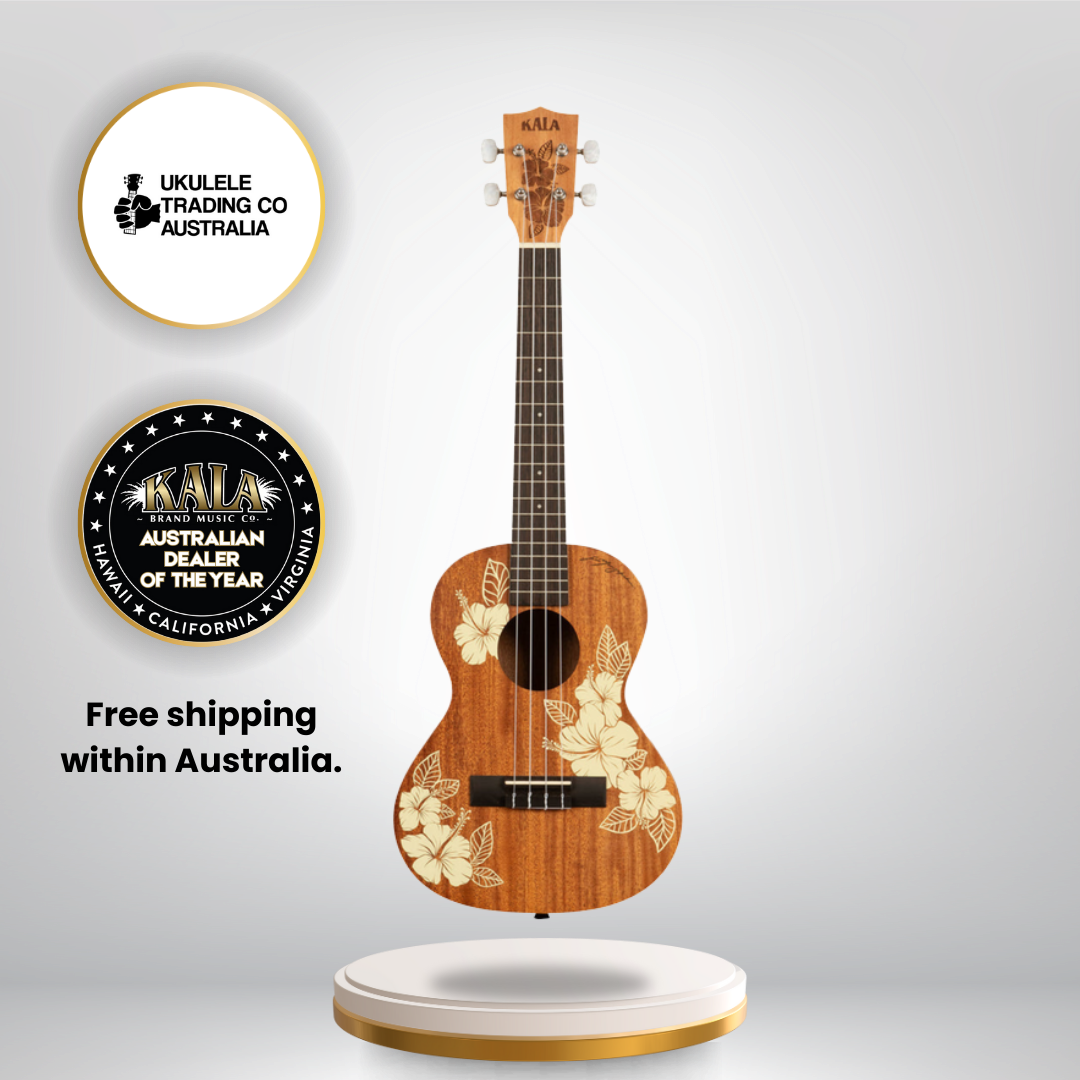 Kala Hibiscus Mahogany Tenor Ukulele with floral hibiscus laser-etched design
