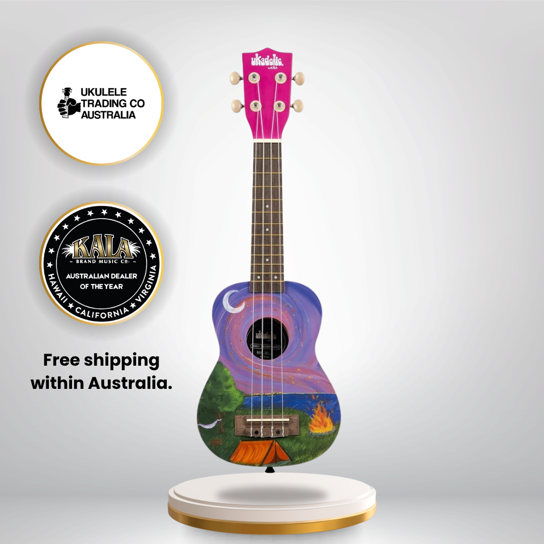 NUKHAPPY CAMPER Kala Ukadelic Happy Camper Soprano Ukulele Camping Art Ukulele Australia