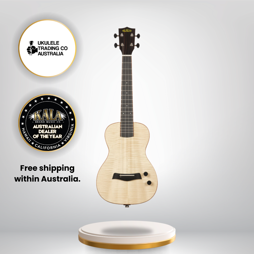 Solid body electric flame maple tenor ukulele with tiger stripe maple top