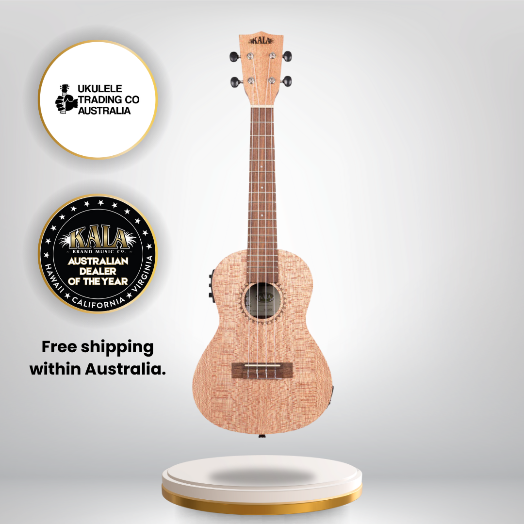 Kala KA-20CE Burled Meranti Concert Ukulele with pickup, EQ, and satin finish.