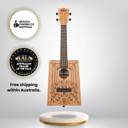Kala Art Deco Cigar Box Concert Ukulele KA-CB-DECO-C with laser-etched design