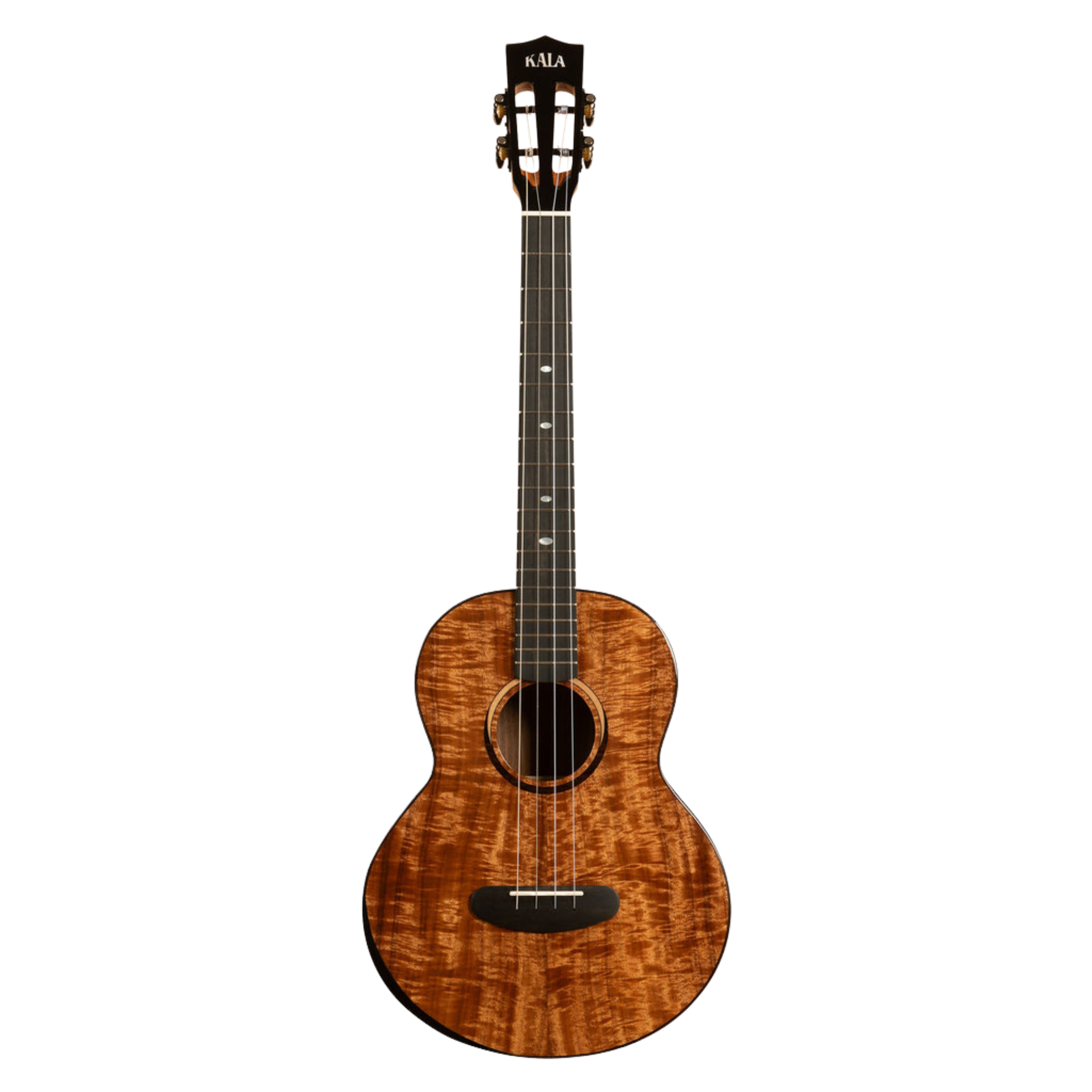 Kala Contour All Solid Gloss Acacia Baritone Ukulele with rosewood binding, two-tone eclipse wood rosette, and contoured comfort edge for a rich, balanced sound and easy playability.