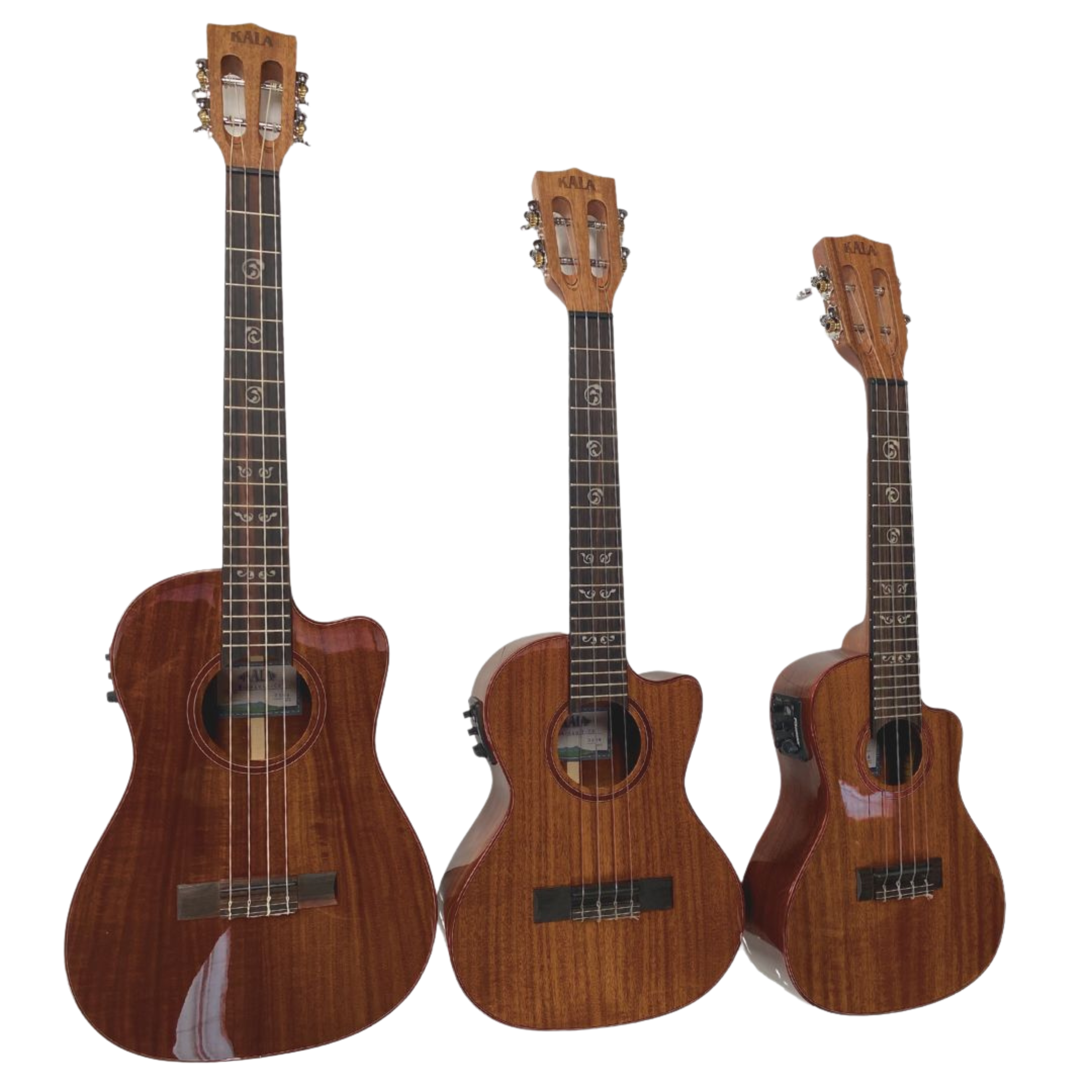 Kala Australian Blackwood Electric Baritone Ukulele with Fishman Kula System, purple heart binding, vintage tuners, and gloss finish for deep, resonant sound and elegant style.