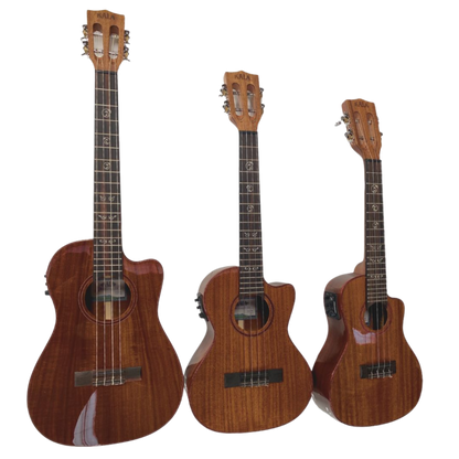 Kala Australian Blackwood Electric Baritone Ukulele with Fishman Kula System, purple heart binding, vintage tuners, and gloss finish for deep, resonant sound and elegant style.