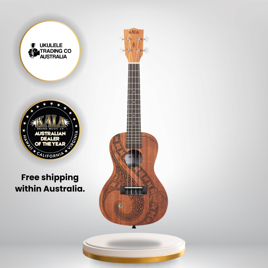 Kala Guidance Mahogany Concert Ukulele KA-GUIDANCE-C with Māori-inspired laser-etched artwork and warm mahogany tone.
