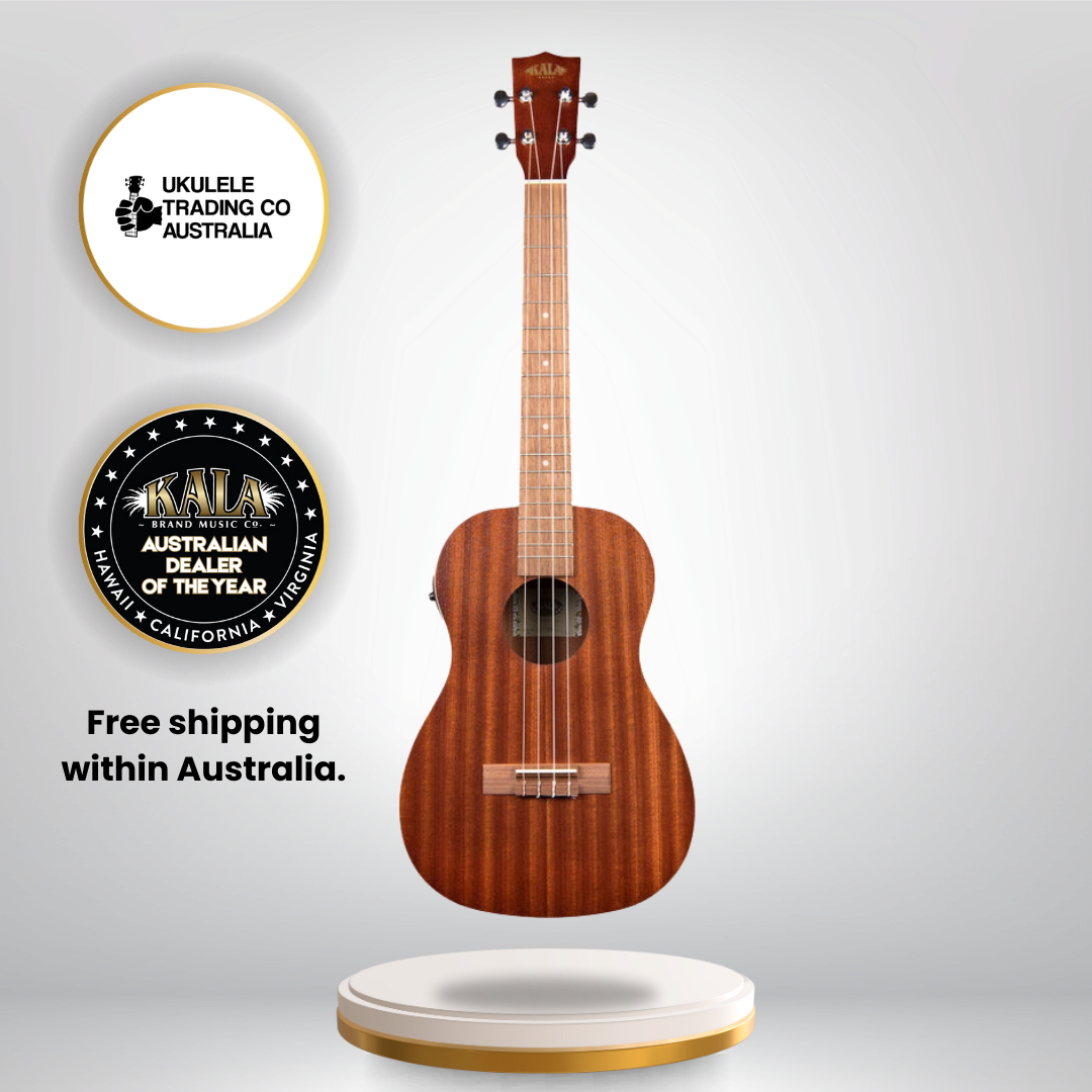 Kala KA-BE Baritone Ukulele in satin mahogany with pickup, cream binding, and gigbag.