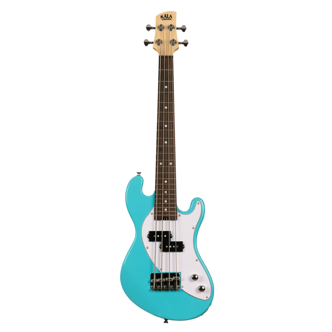 Kala Okoume Electric Bass U•BASS in Surf Blue, featuring solid body design and deep, punchy bass tone.