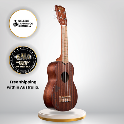 Kala KA-15S-H2 Soprano Ukulele with Hawaiian design, mahogany body, gig bag, and Aquila ukulele strings.
