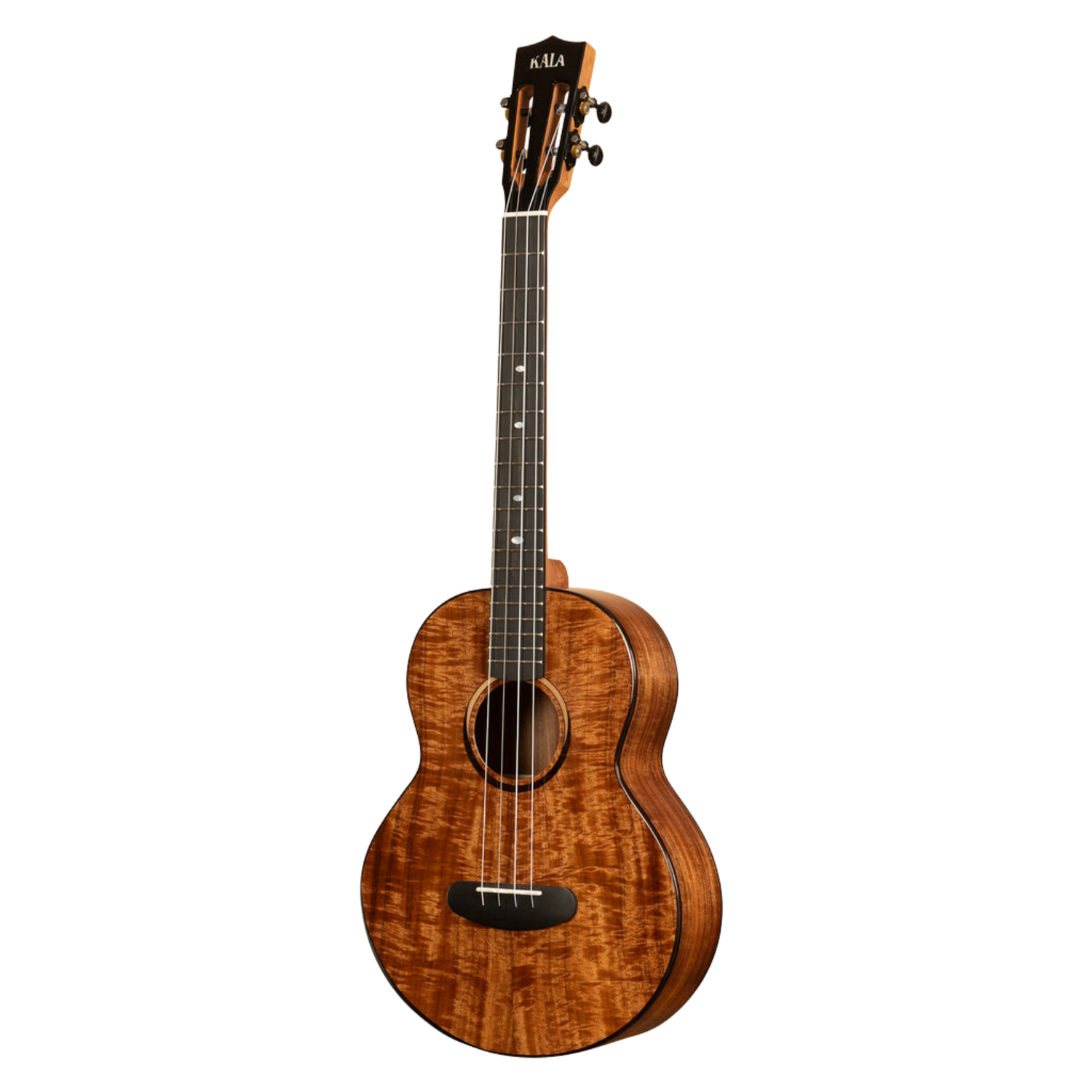 Kala Contour All Solid Gloss Acacia Baritone Ukulele with rosewood binding, two-tone eclipse wood rosette, and contoured comfort edge for a rich, balanced sound and easy playability.