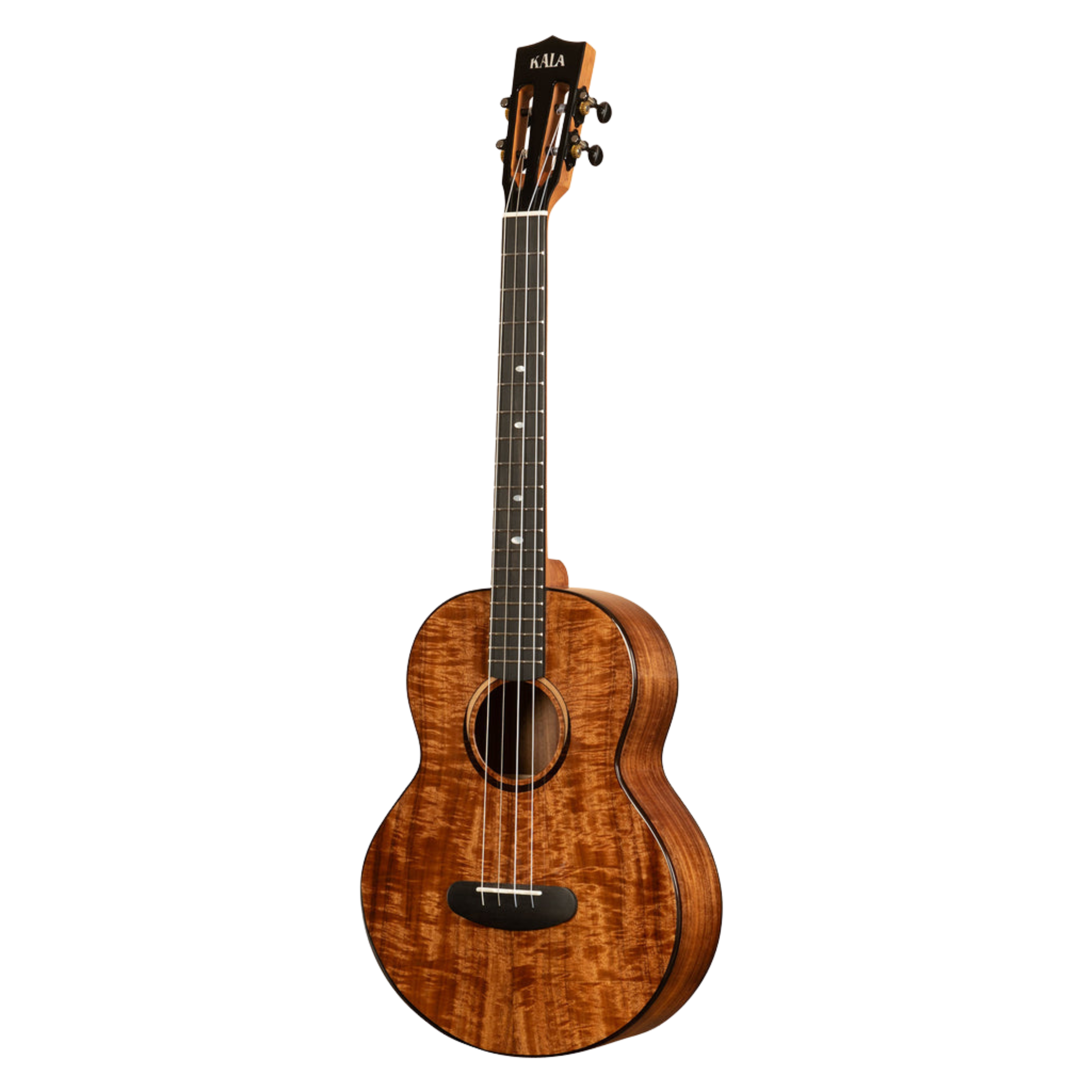 Kala Contour All Solid Gloss Acacia Baritone Ukulele with rosewood binding, two-tone eclipse wood rosette, and contoured comfort edge for a rich, balanced sound and easy playability.