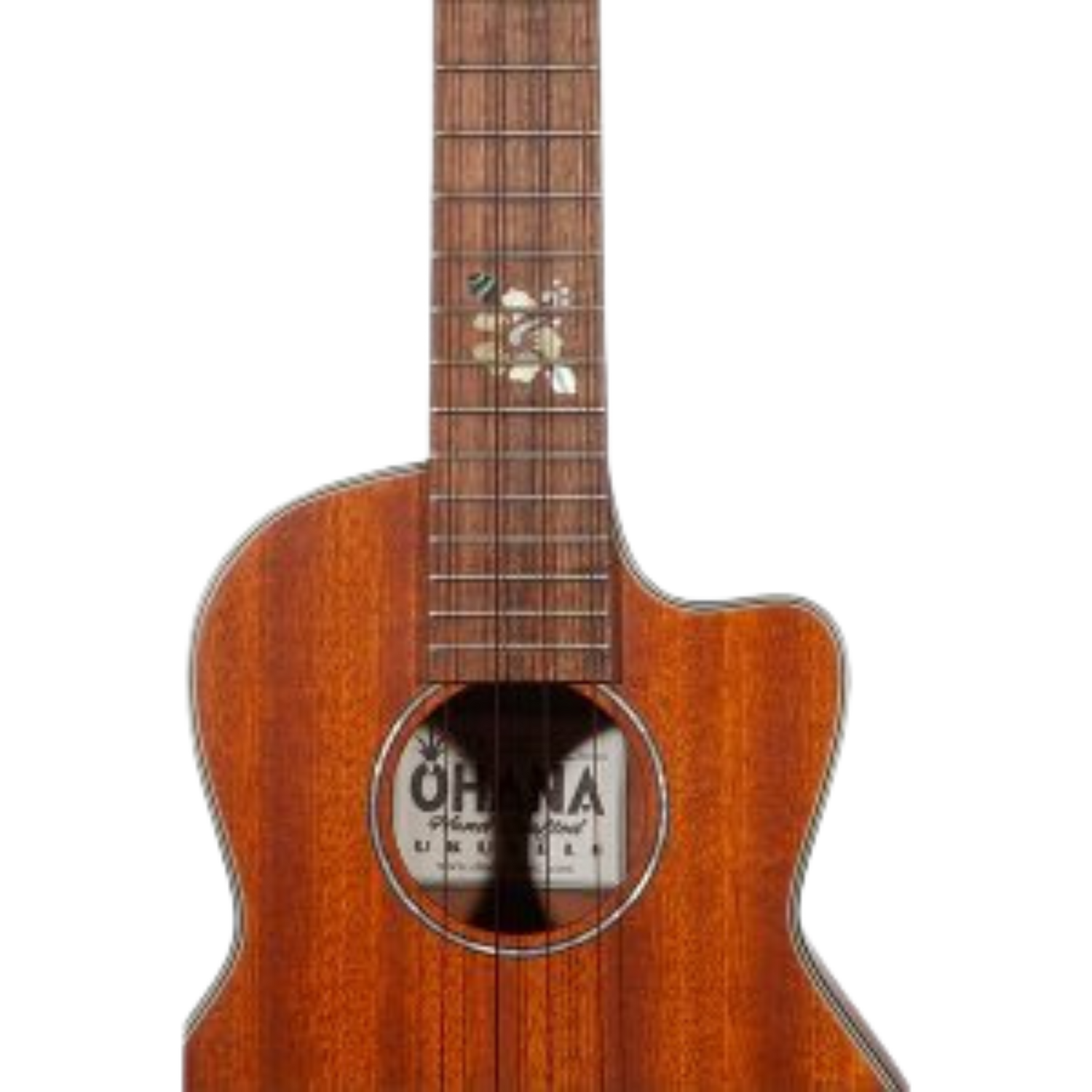 Ohana TK-25C-CL Cynthia Lin Tenor Ukulele, solid mahogany top, laminate back and sides, floral inlay, Worth Brown strings, satin finish.