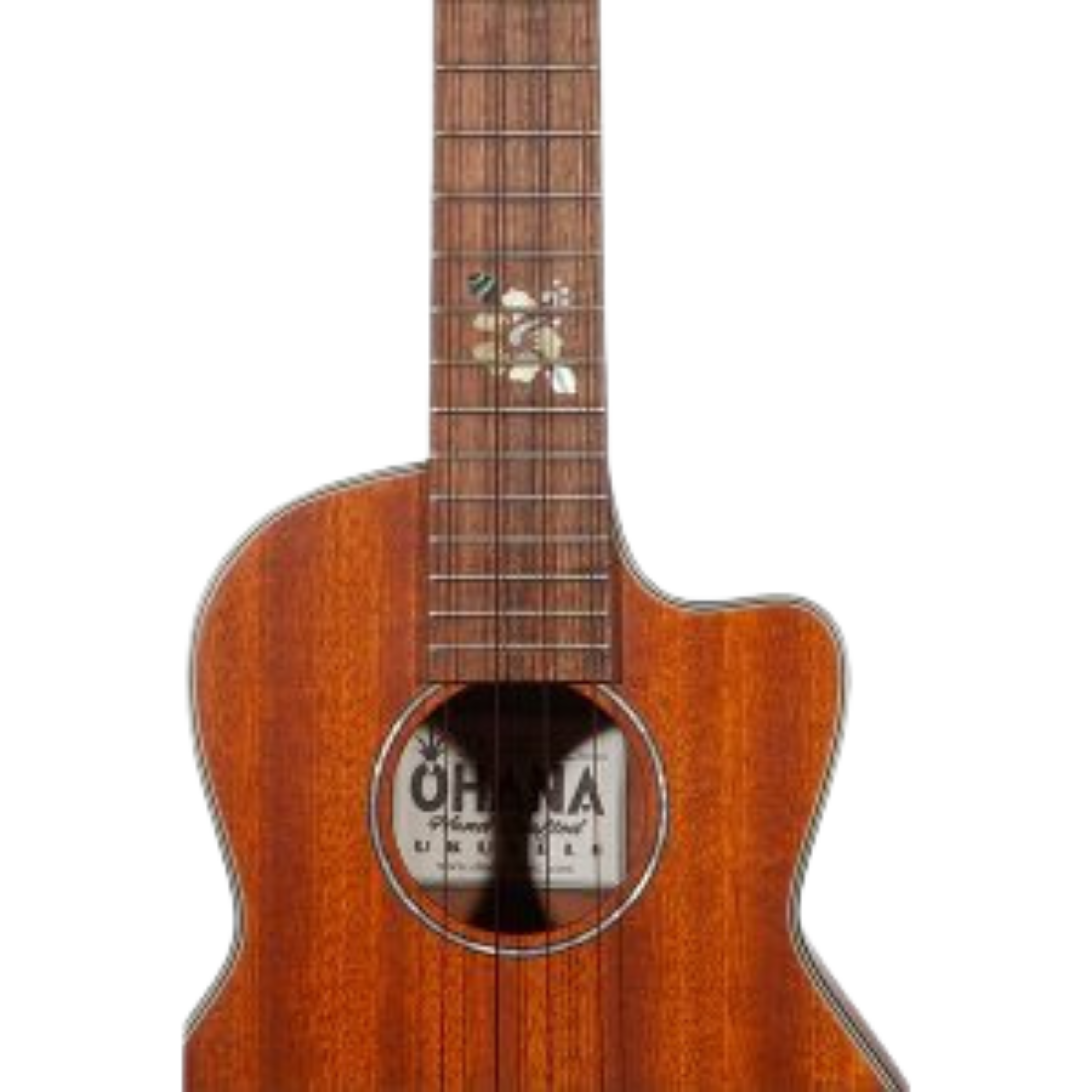 Ohana TK-25C-CL Cynthia Lin Tenor Ukulele, solid mahogany top, laminate back and sides, floral inlay, Worth Brown strings, satin finish.