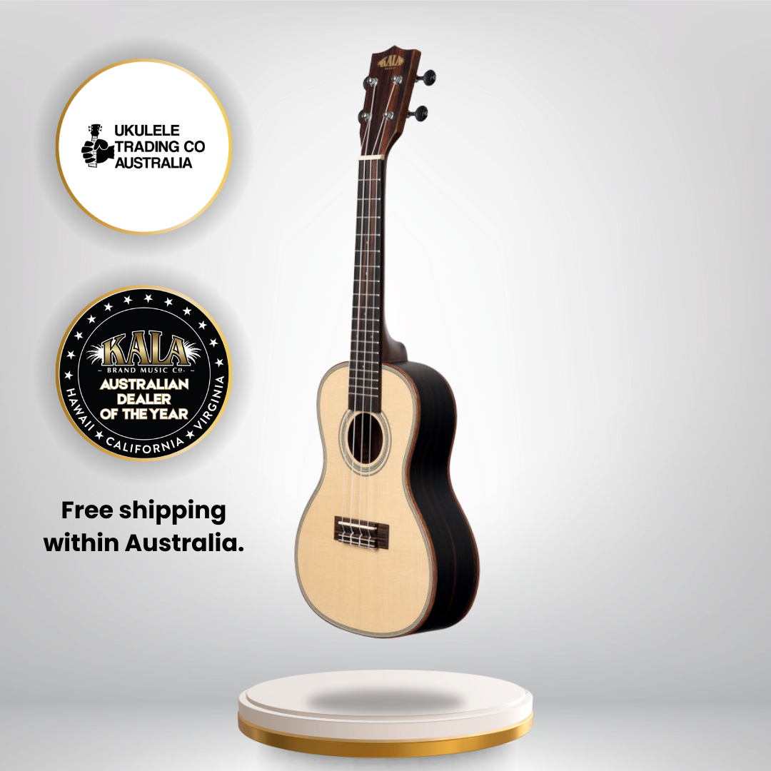 Kala concert ukulele with solid spruce top and striped ebony back and sides