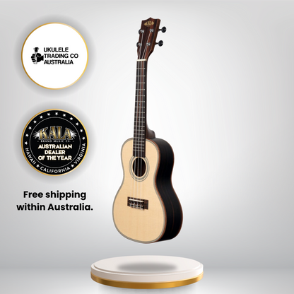 Kala concert ukulele with solid spruce top and striped ebony back and sides