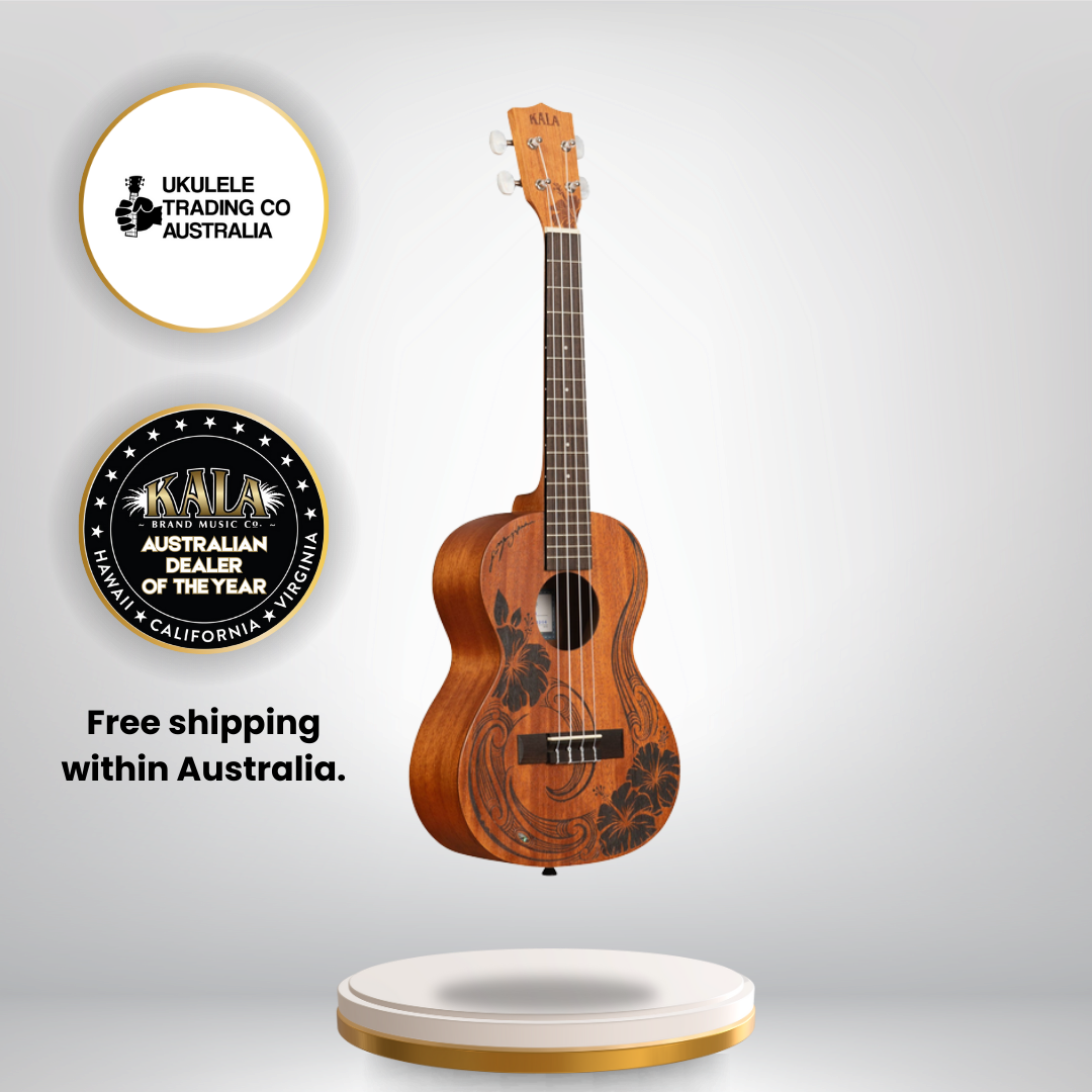 Alt text: Kala KA-UNITY-T Unity Mahogany Tenor Ukulele with Māori artwork and gig bag