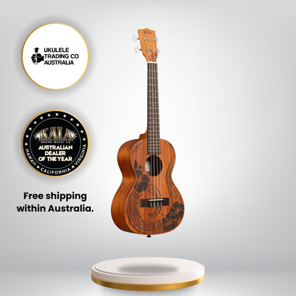 Alt text: Kala KA-UNITY-T Unity Mahogany Tenor Ukulele with Māori artwork and gig bag