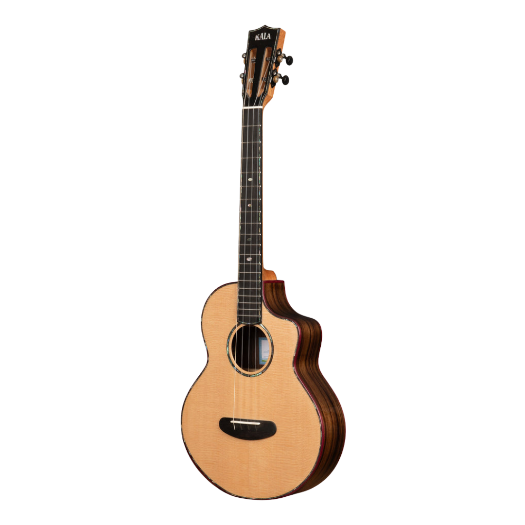 Kala Contour Deluxe Baritone Ukulele with solid Spruce top, Rosewood body, cutaway design, and gig bag.