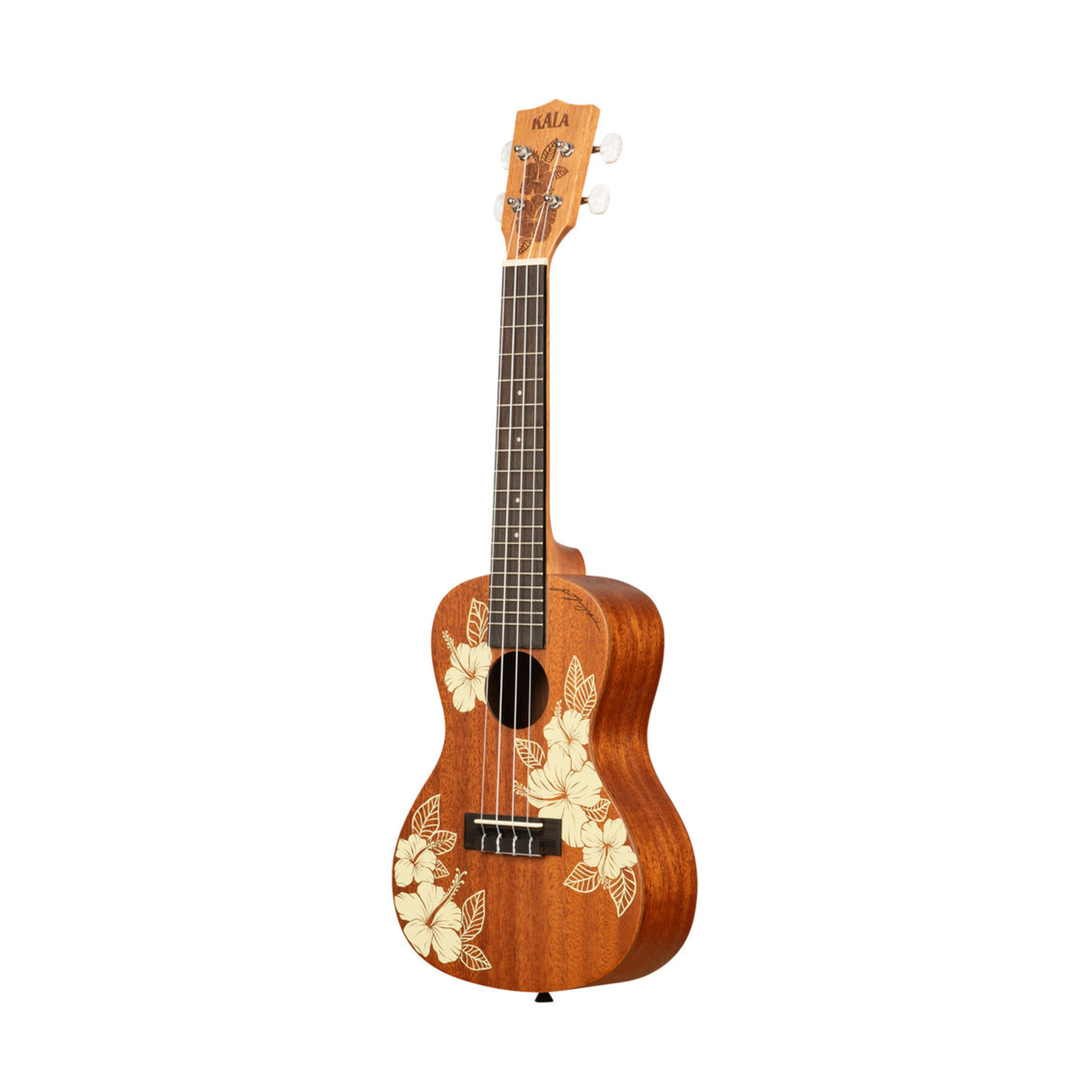 Kala KA-HIBISCUS-C Hibiscus Mahogany Concert Ukulele featuring a tropical hibiscus design, producing a warm and balanced sound.