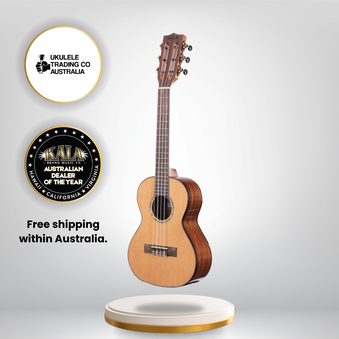Kala Gloss Solid Cedar Top Acacia 6-String Tenor Ukulele KA-SCAC-T6 with high-gloss finish and warm, resonant tone.