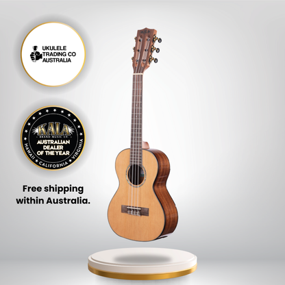 Kala Gloss Solid Cedar Top Acacia 6-String Tenor Ukulele KA-SCAC-T6 with high-gloss finish and warm, resonant tone.