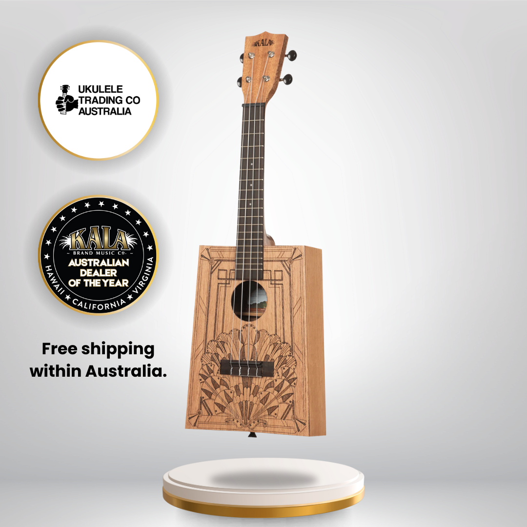 Kala Art Deco Cigar Box Concert Ukulele KA-CB-DECO-C with laser-etched design