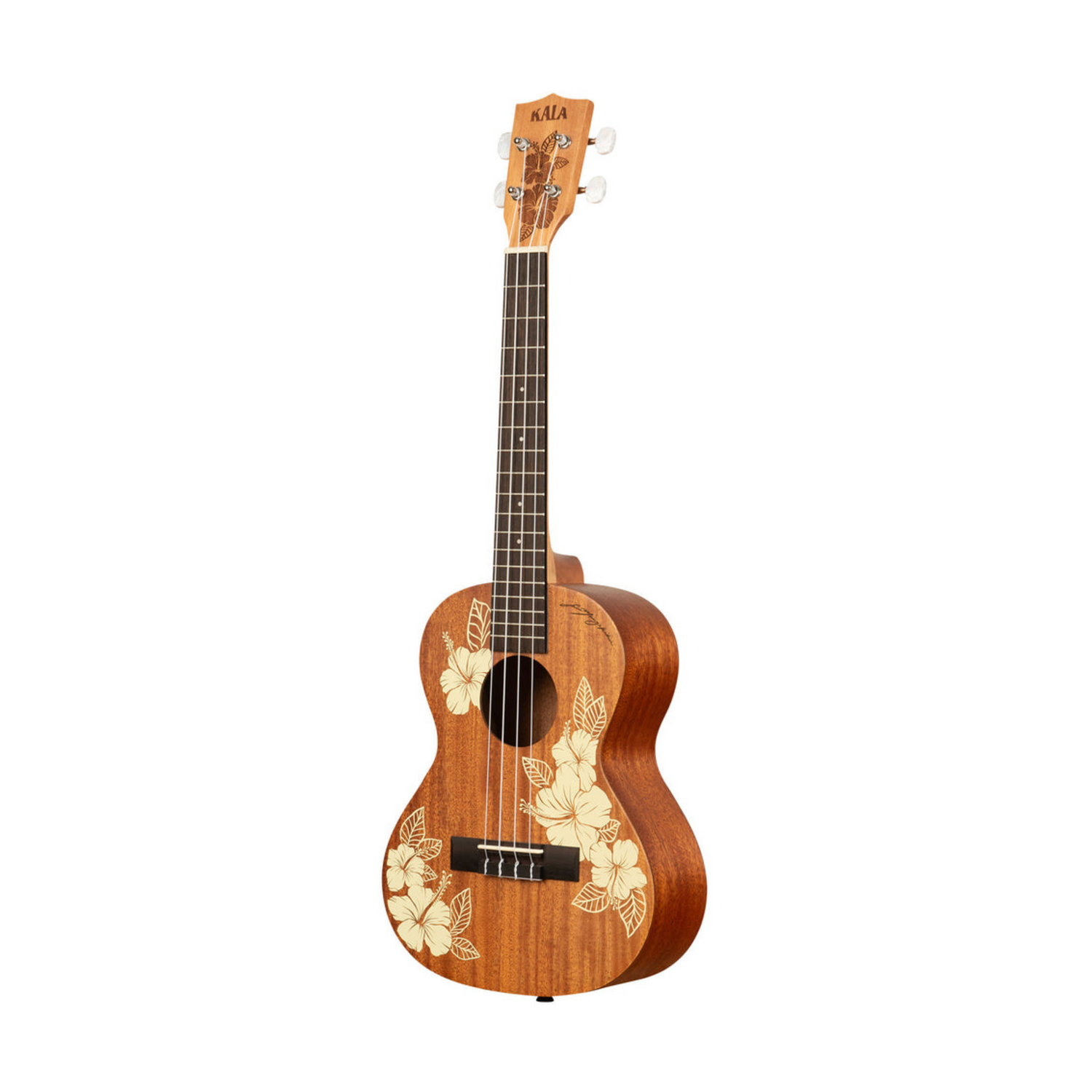 Kala KA-HIBISCUS-T Hibiscus Mahogany Tenor Ukulele, featuring a vibrant hibiscus floral design, rich mahogany body, and smooth fretboard for a warm, melodic sound perfect for any ukulele player.