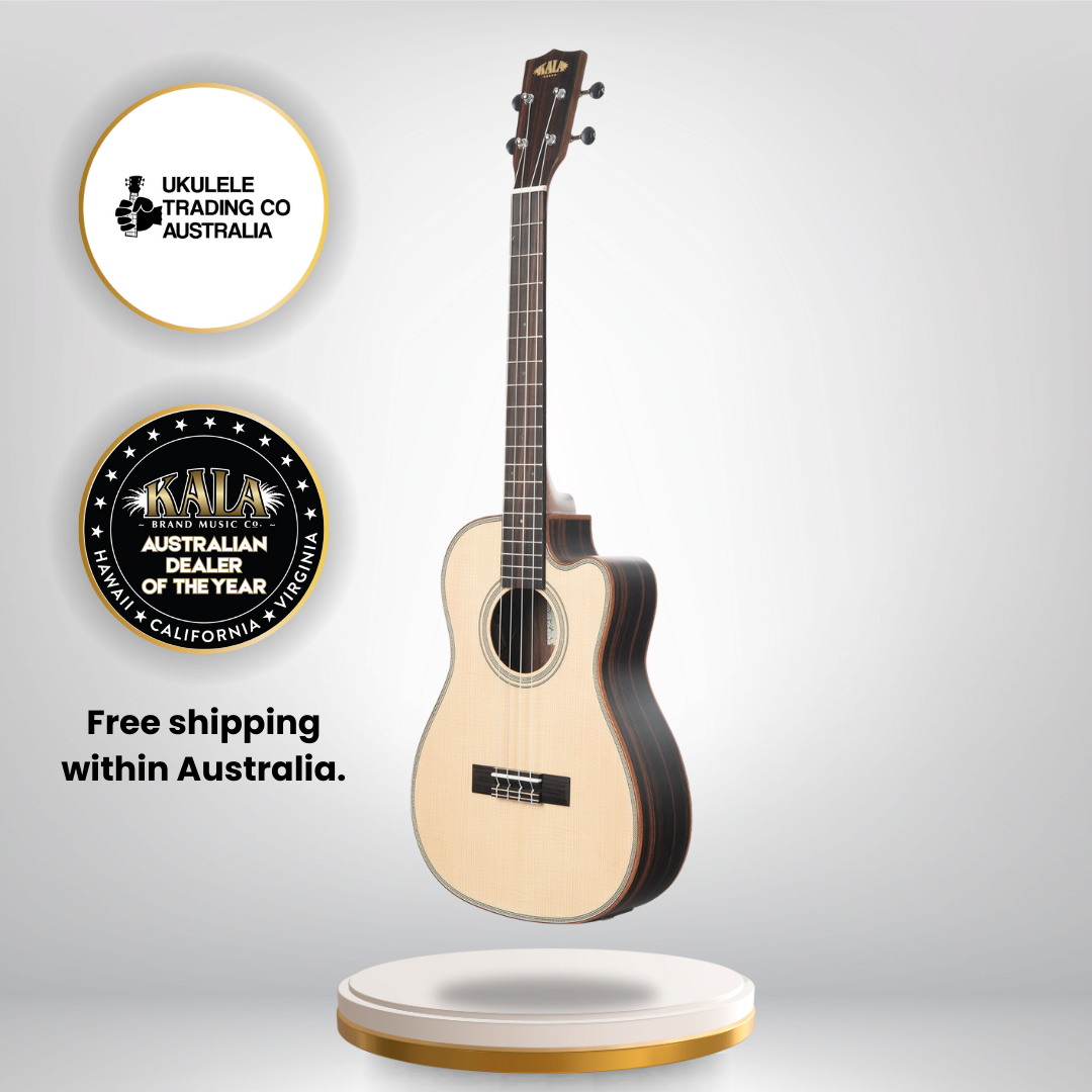 Kala baritone ukulele with spruce top and striped ebony back and sides