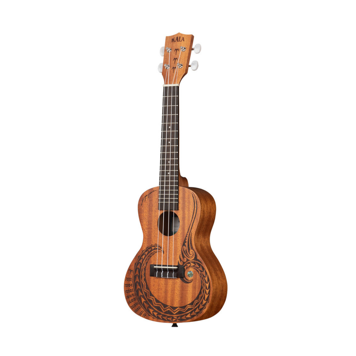 Kala KA-COURAGE-C Courage Mahogany Concert Ukulele, featuring intricate laser-etched artwork symbolizing strength and resilience.