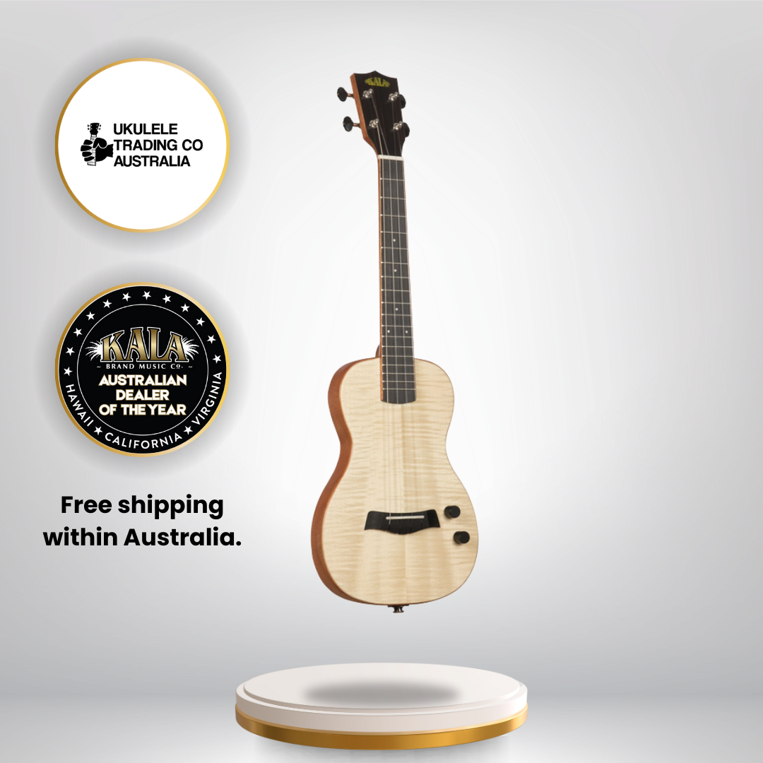 Solid body electric flame maple tenor ukulele with tiger stripe maple top