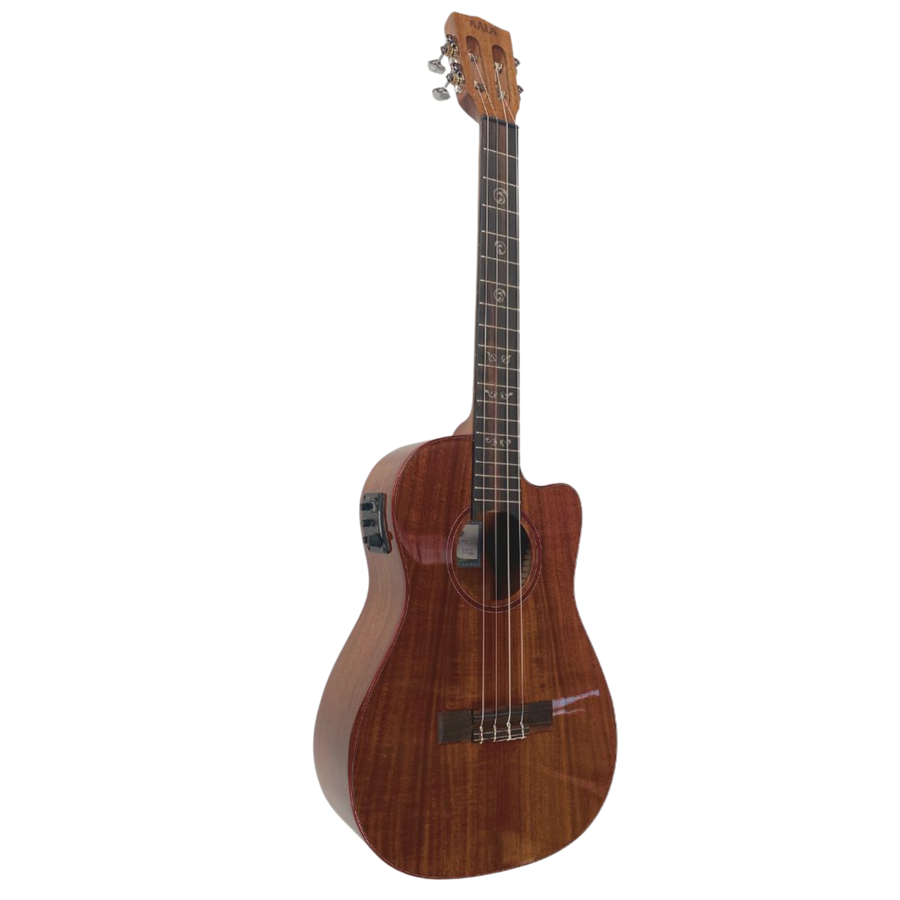 Kala Australian Blackwood Electric Baritone Ukulele with Fishman Kula System, purple heart binding, vintage tuners, and gloss finish for deep, resonant sound and elegant style.