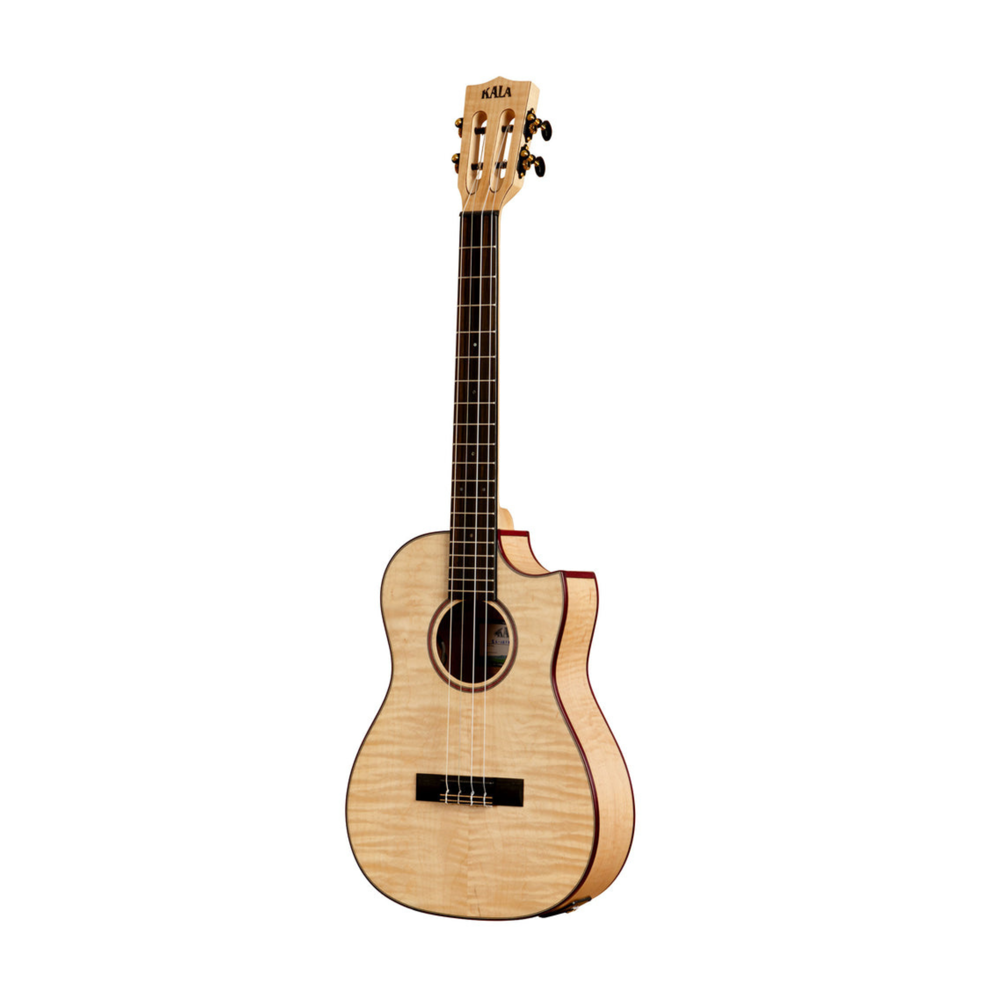 Kala KA-ASFM-B-CE All Solid Flame Maple Cutaway Baritone Ukulele with EQ and bag, offering dynamic sound and sleek design for ultimate performance.