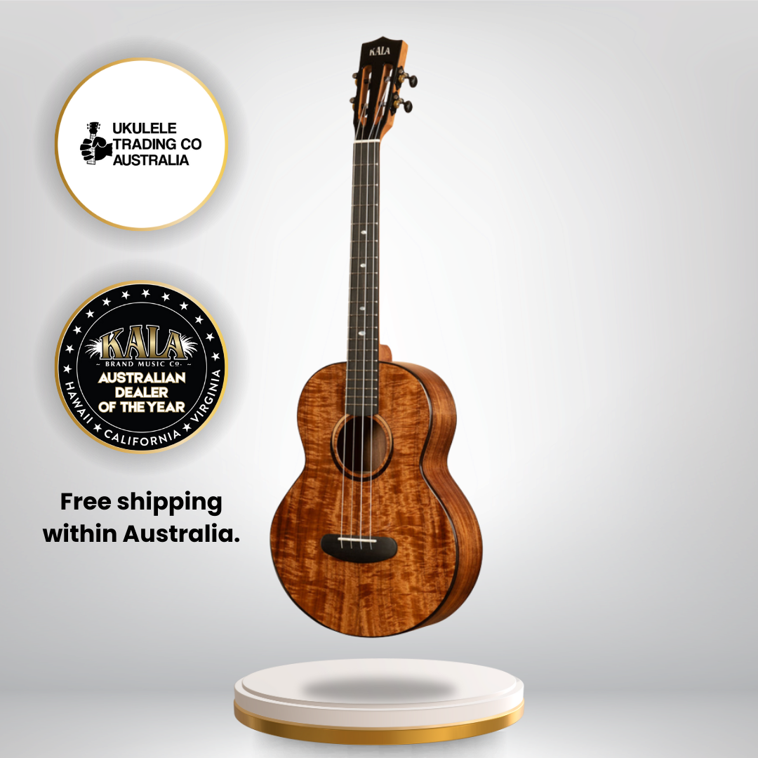 Gloss acacia baritone ukulele with slotted headstock and gig bag