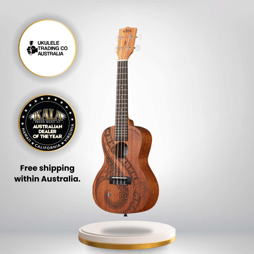 Kala Guidance Mahogany Concert Ukulele KA-GUIDANCE-C with Māori-inspired laser-etched artwork and warm mahogany tone.