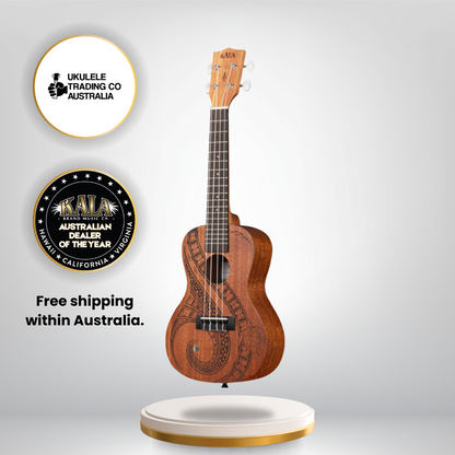 Kala Guidance Mahogany Concert Ukulele KA-GUIDANCE-C with Māori-inspired laser-etched artwork and warm mahogany tone.